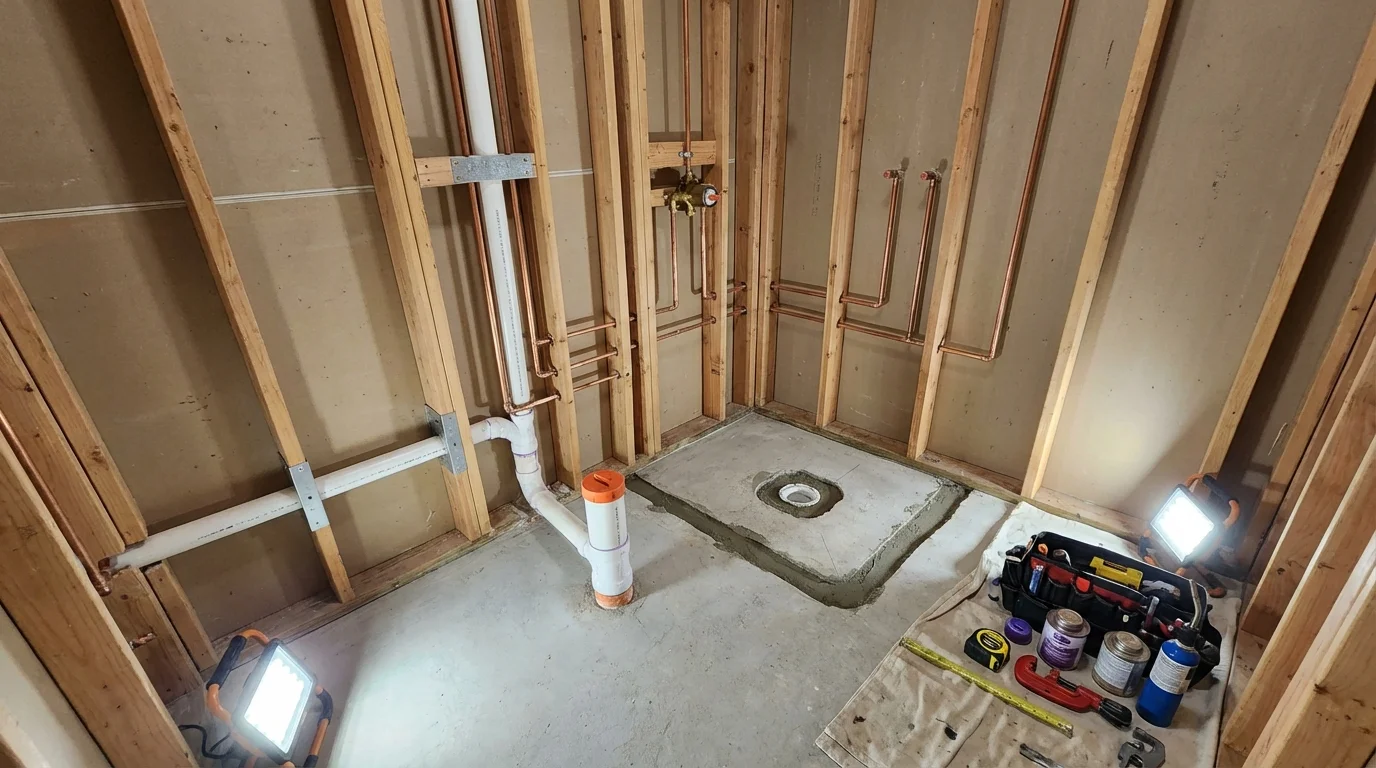 Bathroom rough-in plumbing during remodel by Johns Plumbing LLC in White Haven