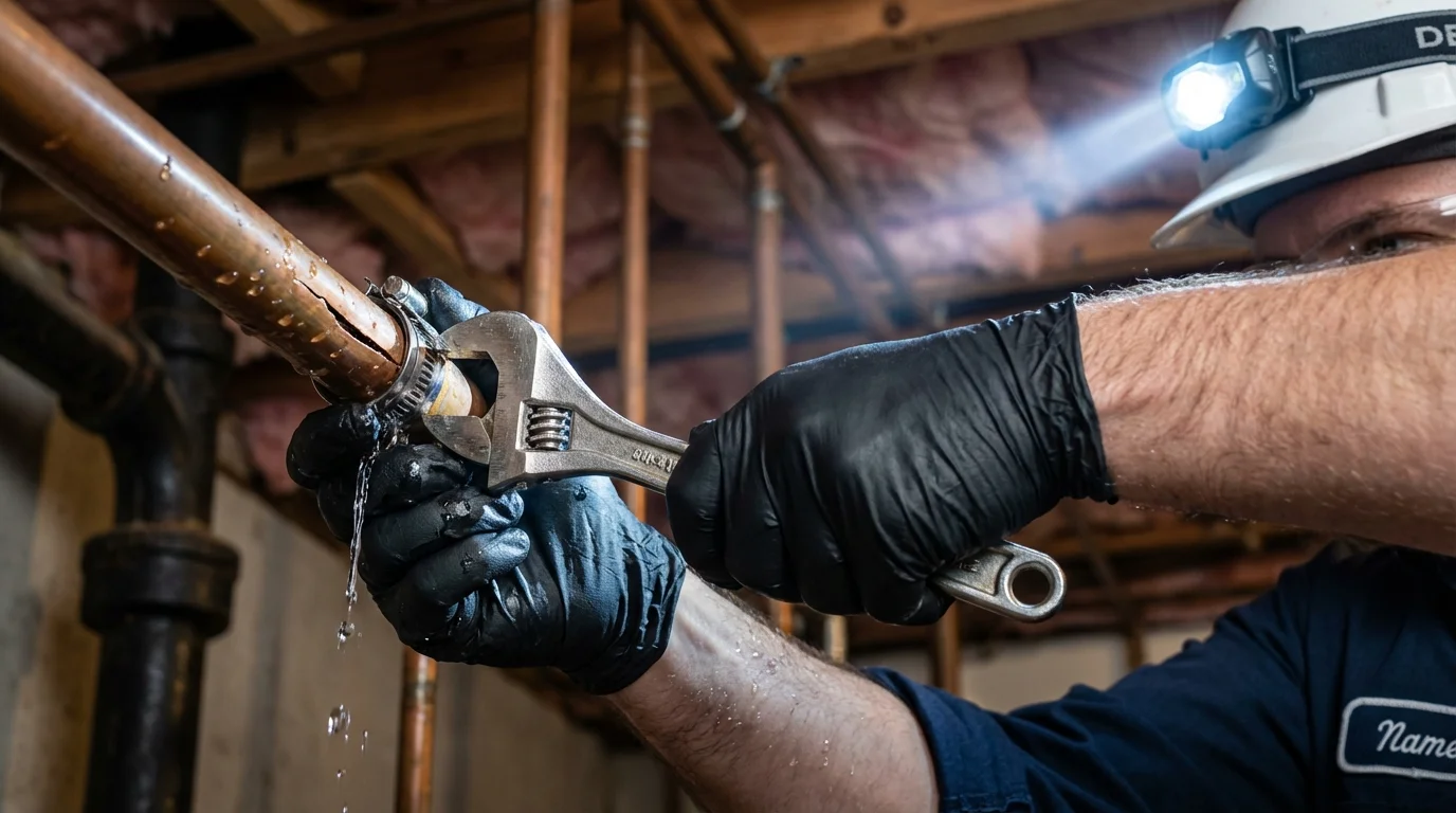 Emergency pipe clamp repair being performed by a Johns Plumbing LLC plumber in White Haven