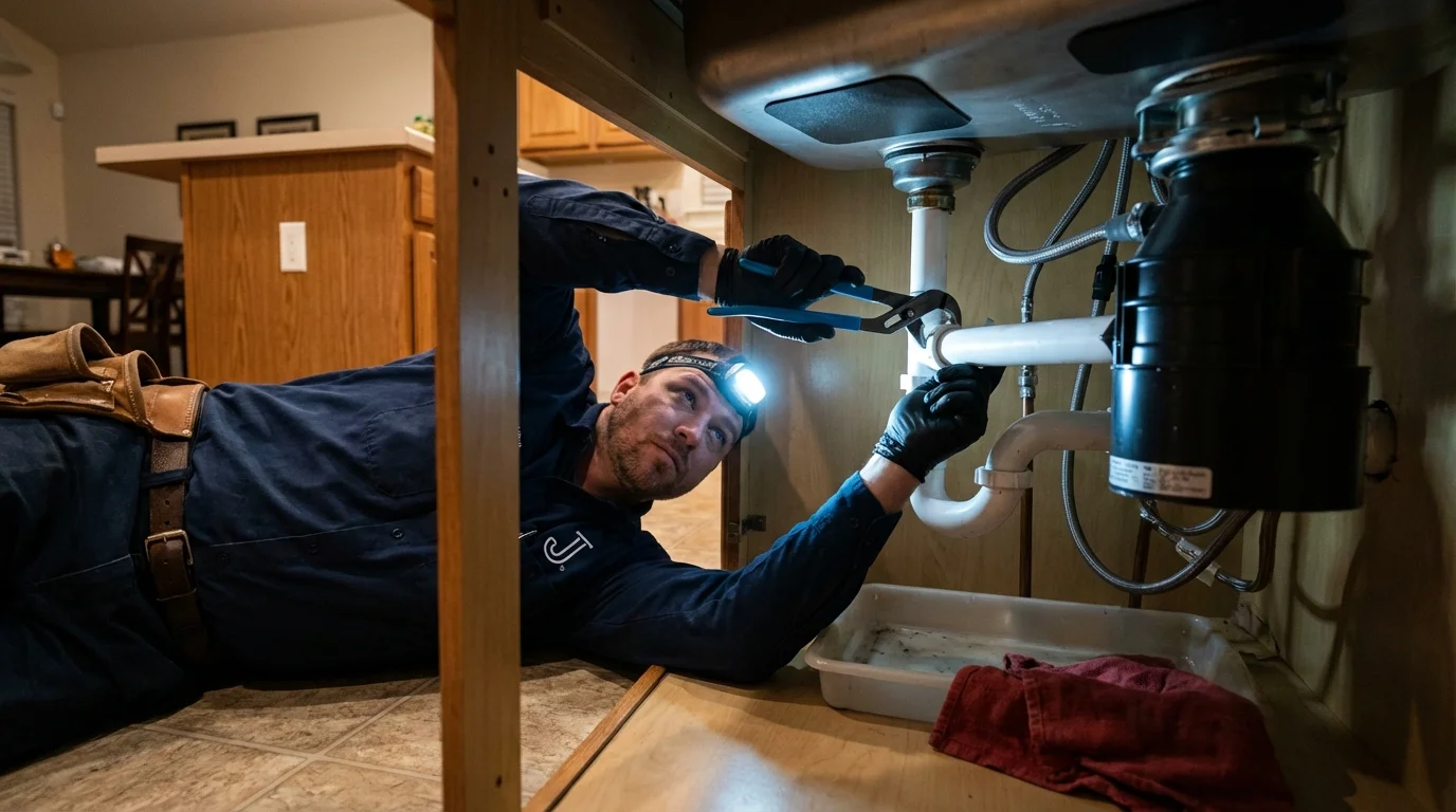 P-trap and supply line connections under a kitchen sink showing a common leak point in White Haven, PA